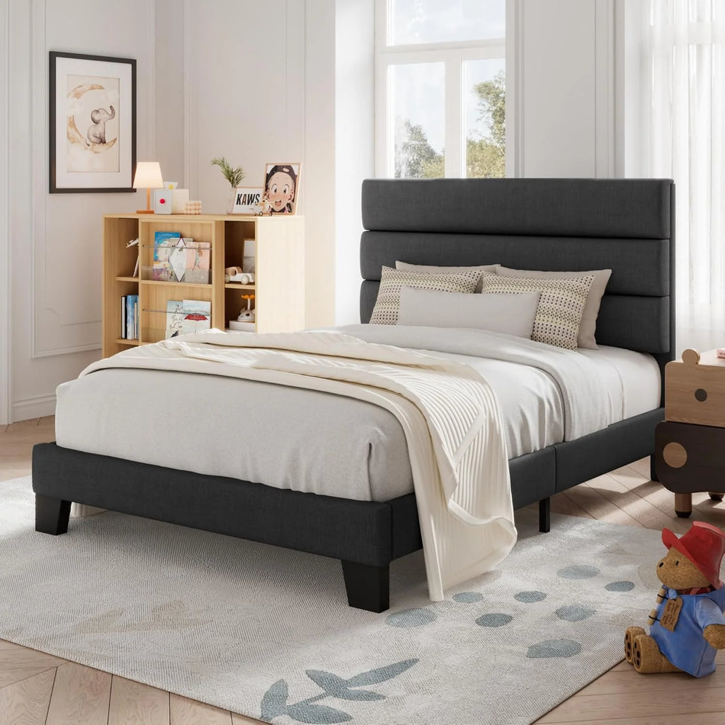 Allewie Queen Size Platform Bed Frame Fabric Upholstered Headboard Wooden Slats Support