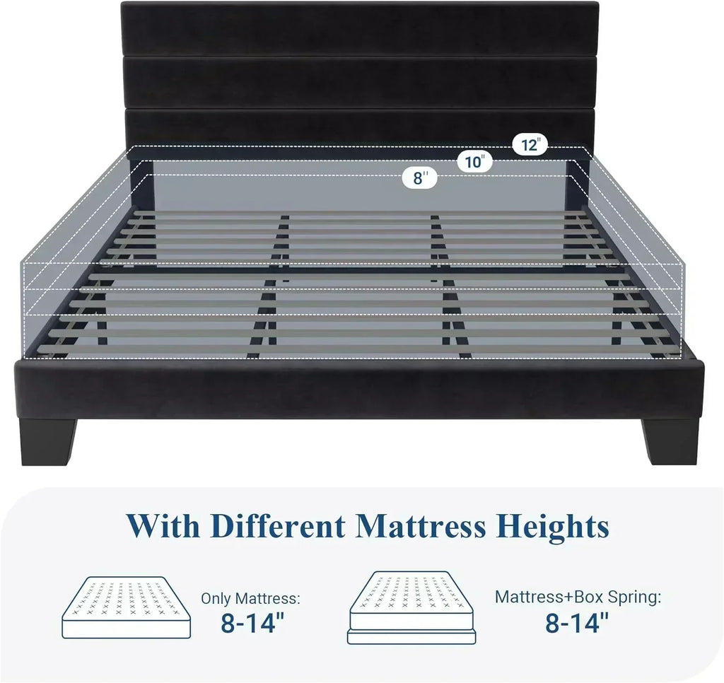 Allewie Queen Size Platform Bed Frame with Fabric Upholstered Headboard Wooden Slats Support