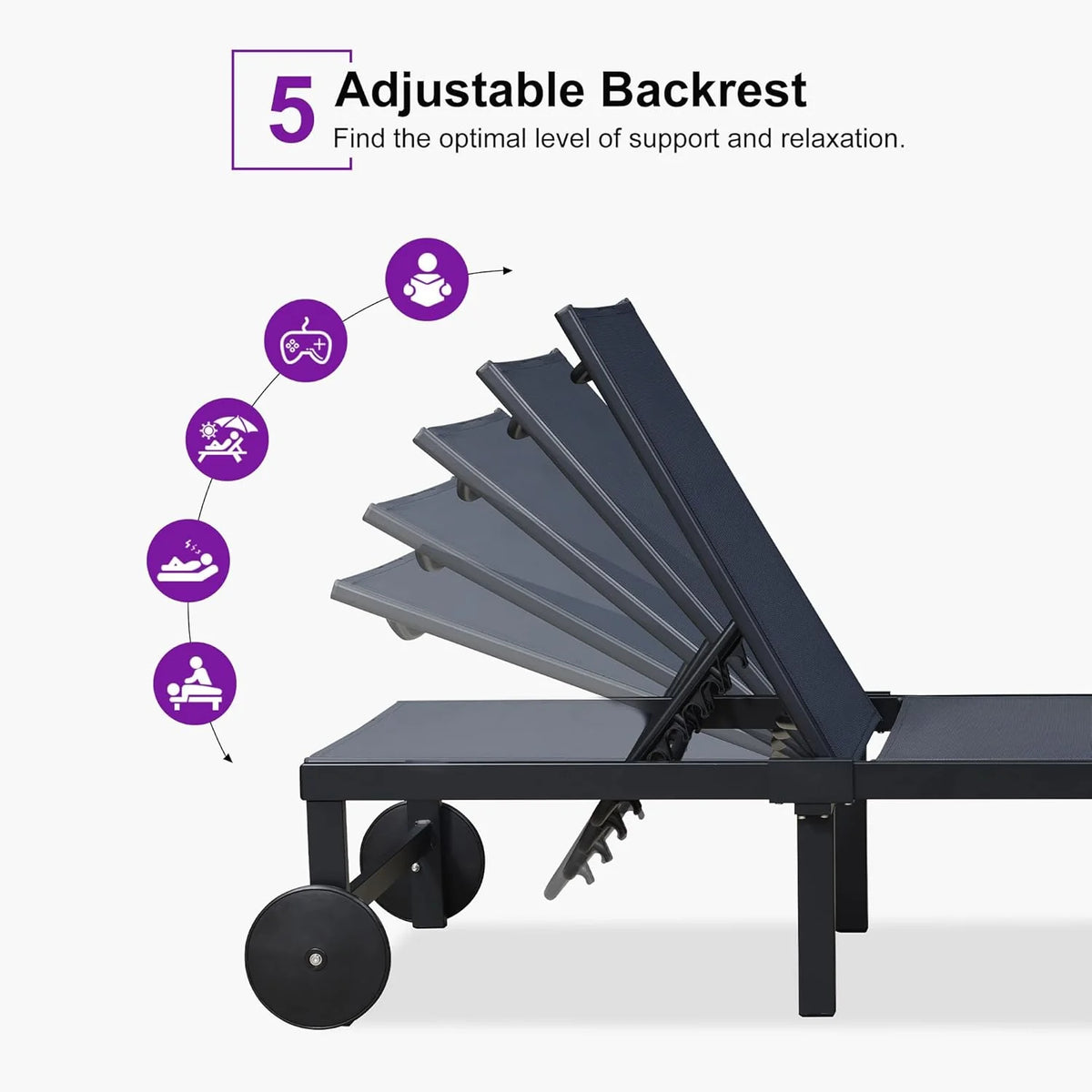PURPLE LEAF Patio Tanning Lounge Chair Set with Face Down Hole Outdoor Aluminum Adjustable Reclining Chairs Wheels Pillows and Table for Poolside Beach Sunbathing Lounger, Beige