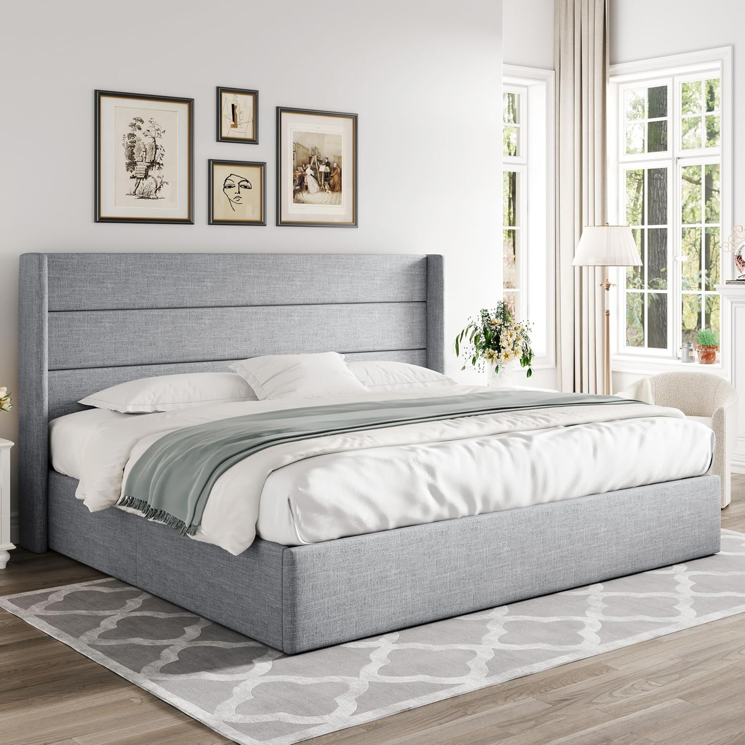 Allewie Queen Size Lift Up Storage Bed Modern Wingback Headboard Hydraulic Support