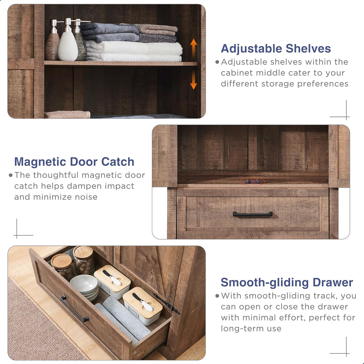 JXQTLINGMU Farmhouse Kitchen Pantry - 72 Tall Wood Kitchen Storage Cabinet with Adjustable Shelves and 2 Barn-Style Doors and Drawers