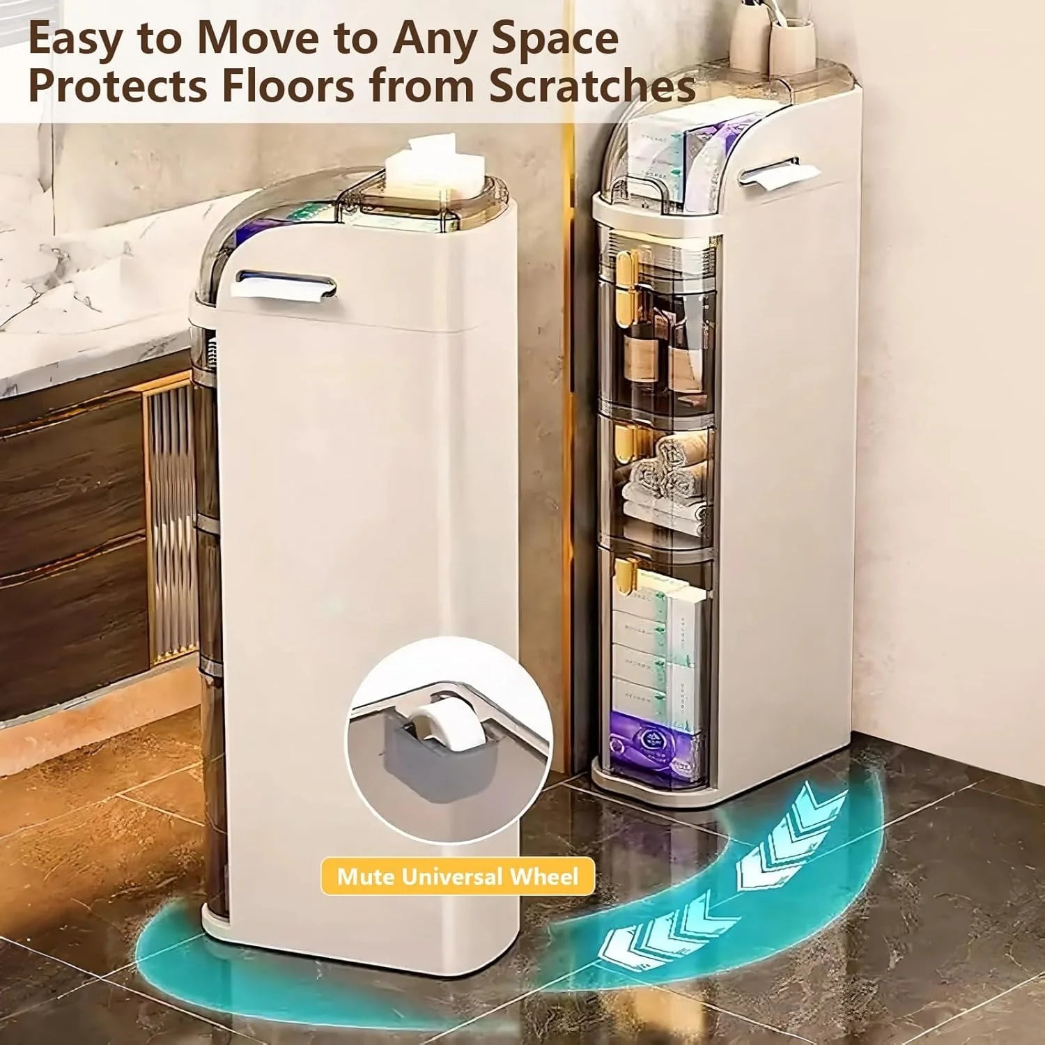 4-Tiers Narrow Bathroom Storage Cabinet 7.1 Slim Bathroom Floor Organizer with Drawers