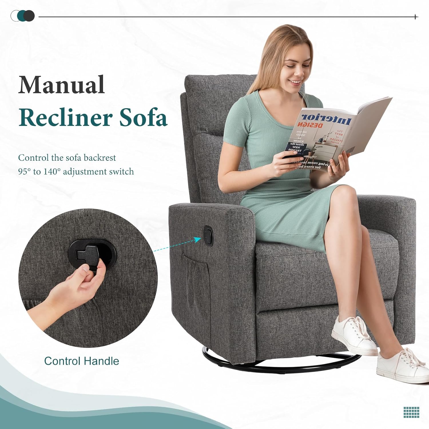 DUMOS Recliner Chair for Adults, Massage Reclining Chair for Living Room, Adjustable Home Theater Seating Single Sofa with Padded Seat Backrest and Footrest, Linen, Grey