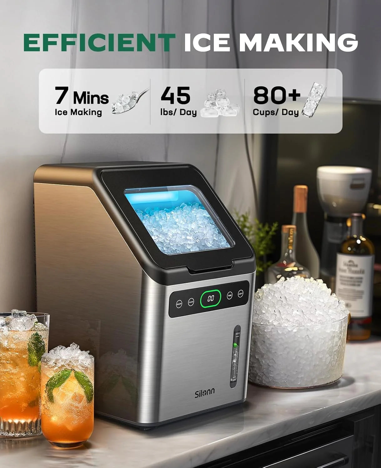 Nugget Ice Maker Countertop, Silonn Chewable Pellet Ice Machine with Self-Cleanin Function, 33lbs/24H Portable Ice Makers for Home Kitchen Officce, Black