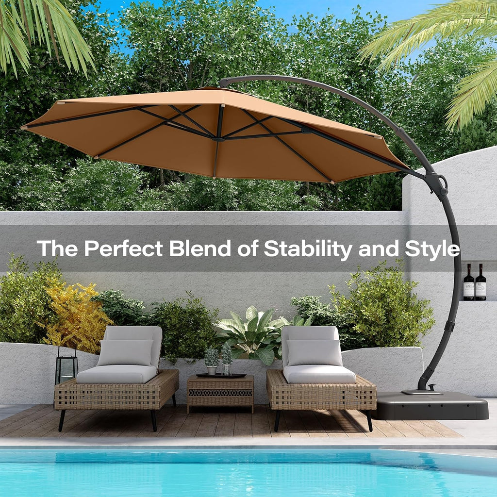 LAUSAINT HOME Outdoor Patio Umbrella with Base included, 11 FT Deluxe Curvy Cantilever Umbrella Heavy Duty Offset Hanging Umbrella with 360° Rotation for Market, Pool, Garden, Backyard, Deck (Beige)