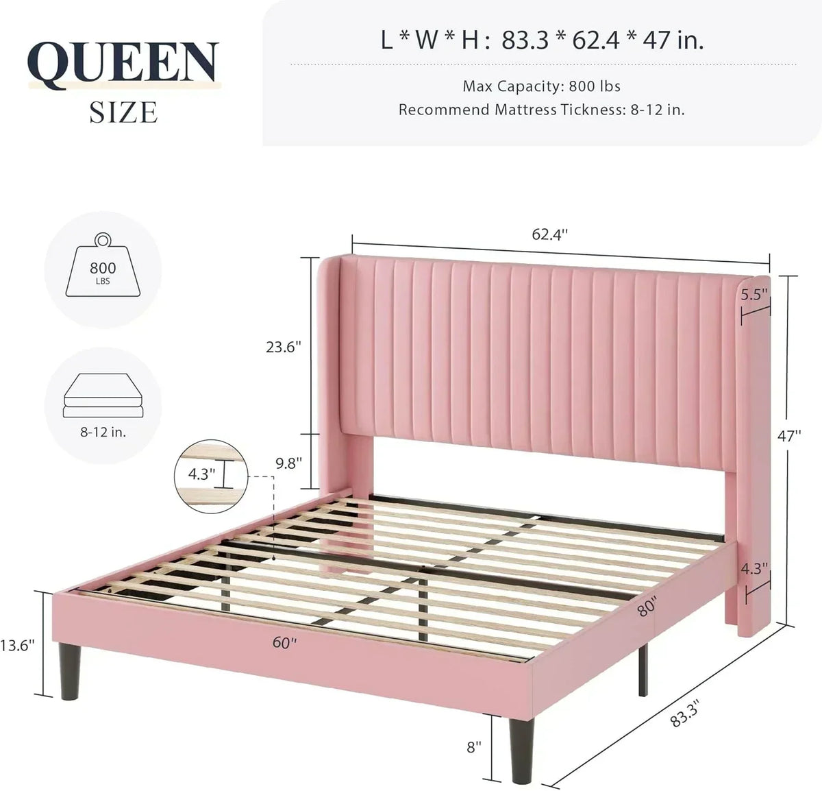 Allewie Full Size Velvet Bed Frame Vertical Channel Tufted Wingback Headboard Upholstered Bed