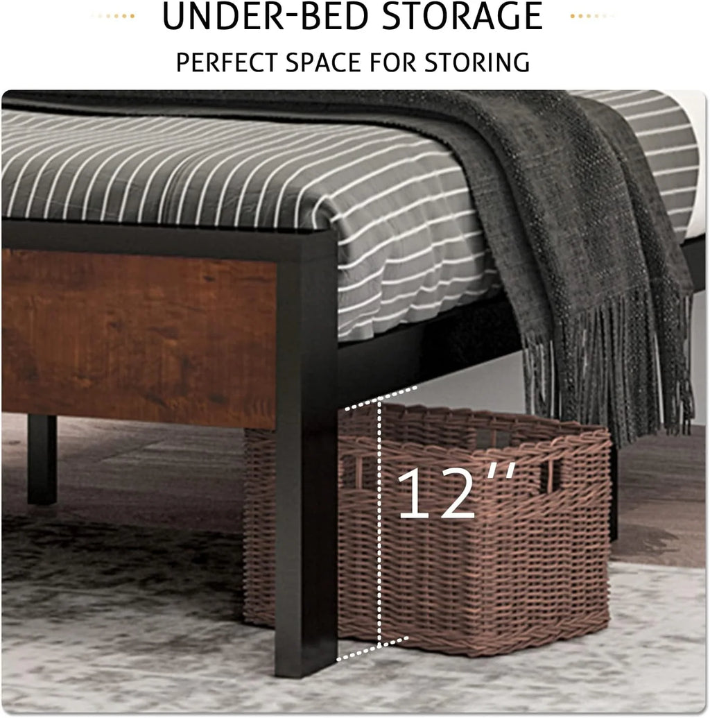 SHA CERLIN 14 Inch Queen Size Metal Platform Bed Frame with Wooden Headboard and Footboard