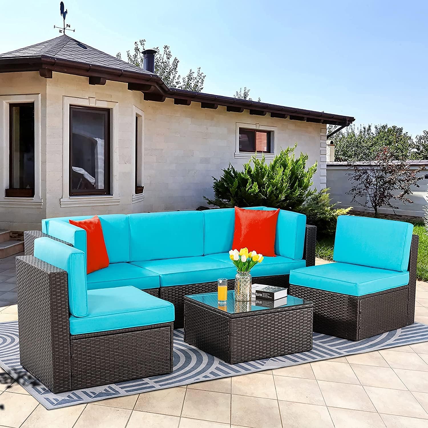 Vongrasig 5 Piece Patio Furniture Sets, Outdoor Patio Set Sectional Sofa, All-Weather PE Rattan Outdoor Couch with Ottoman, Glass Table for Garden, Backyard, Porch, Beige