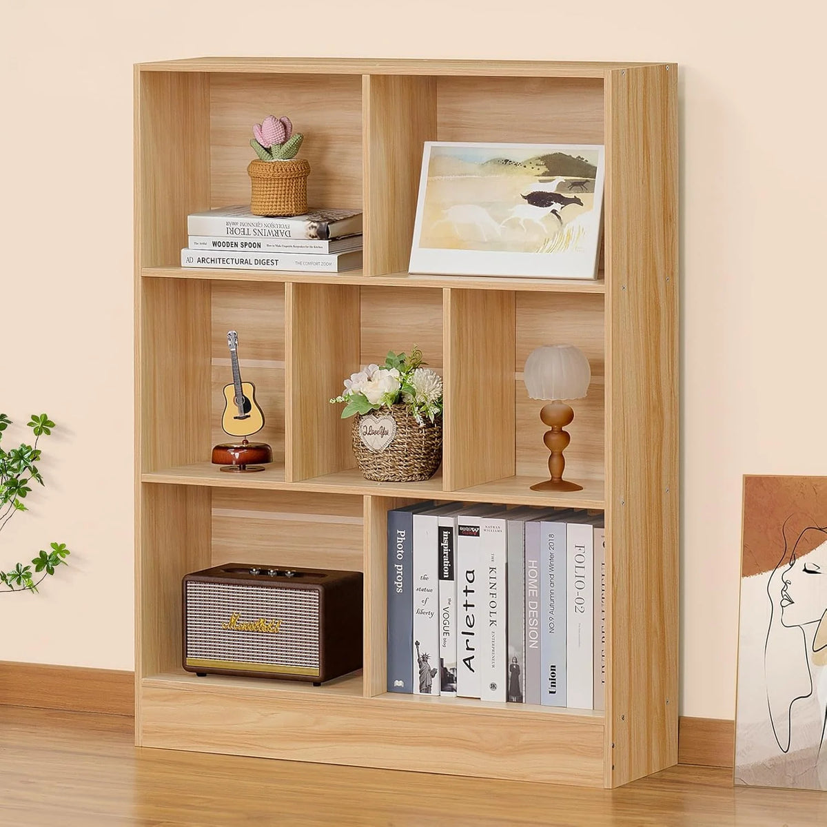 LEYAOYAO Wooden 7 Cube Book Shelf Natural Bookshelf Legs Modern Open Storage Organizer
