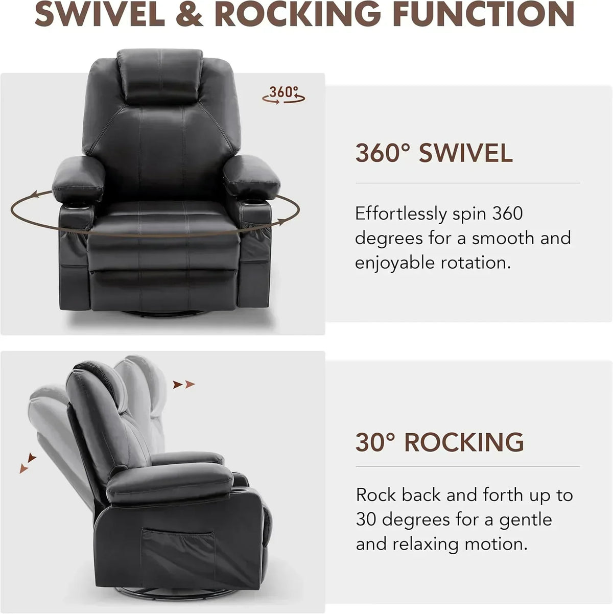 Large Swivel Rocking Recliner with Massage Function 360 Degree Swivel Rocking Single Sofa