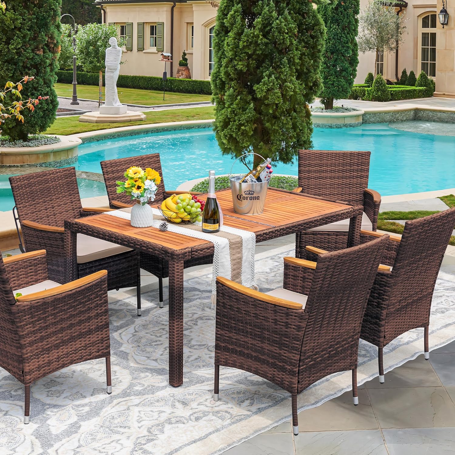 Devoko Dining 7 PCS Furniture Patio Conversation Set with Acacia Wood Table Top Rattan Outdoor