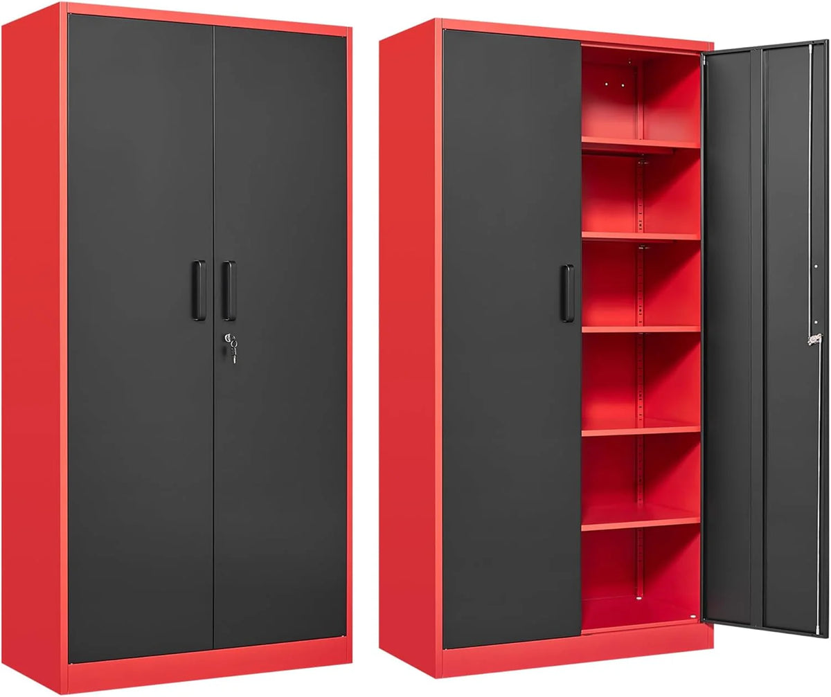 Metal Storage Cabinet with 2 Doors and 6 Shelves,Black Metal Cabinet with Lock,71 Lockable Garage Storage Cabinets,Locking File Cabinet,Steel Tool Cabinets for Home,Office,Garage,Shop,School