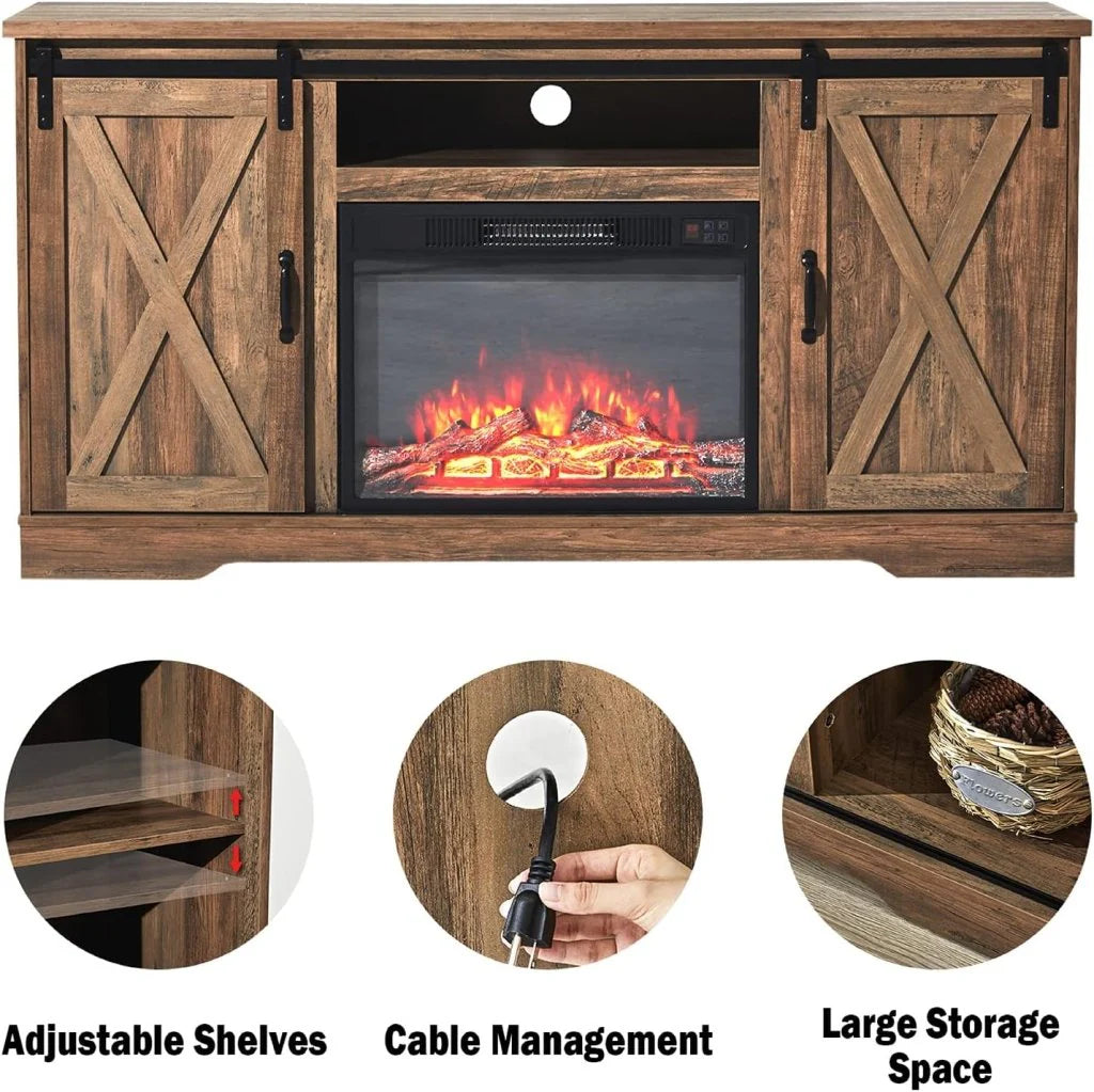 AMERLIFE Fireplace TV Stand with Sliding Barn Door for TVs up to 73, Farmhouse 63 Fireplace Entertainment Center with Storage Cabinets/Adjustable Shelves