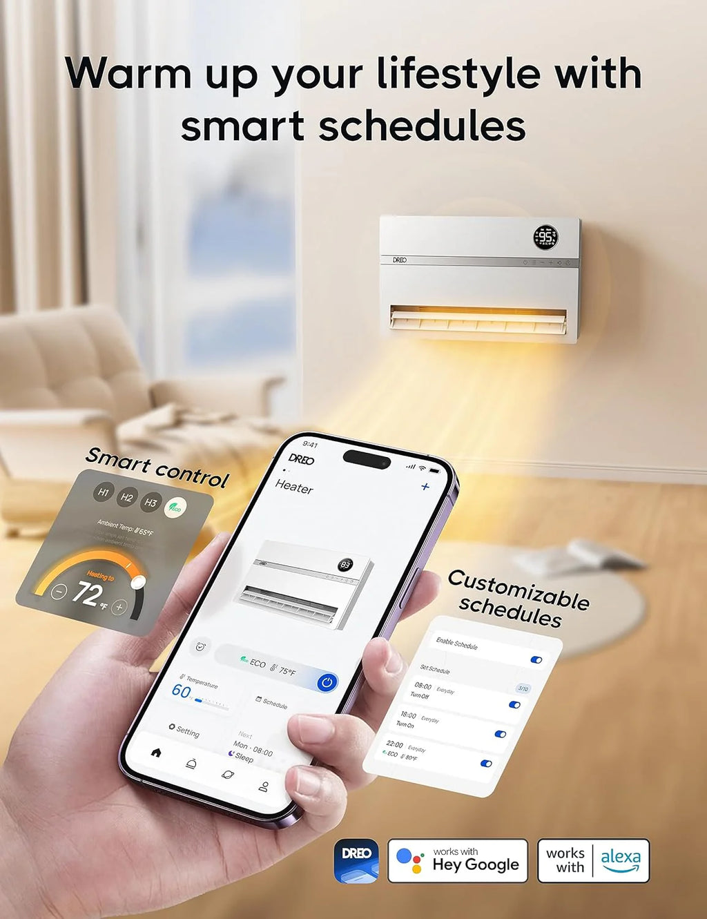Dreo Smart Wall Heater, Electric Space Heater for Bedroom 1500W, 120�� Vertical Oscillation, Adjustable Thermostat, Remote Control, 24H Timer, Easy-Mount Heater for Indoor Use, Works with Alexa, WH719S