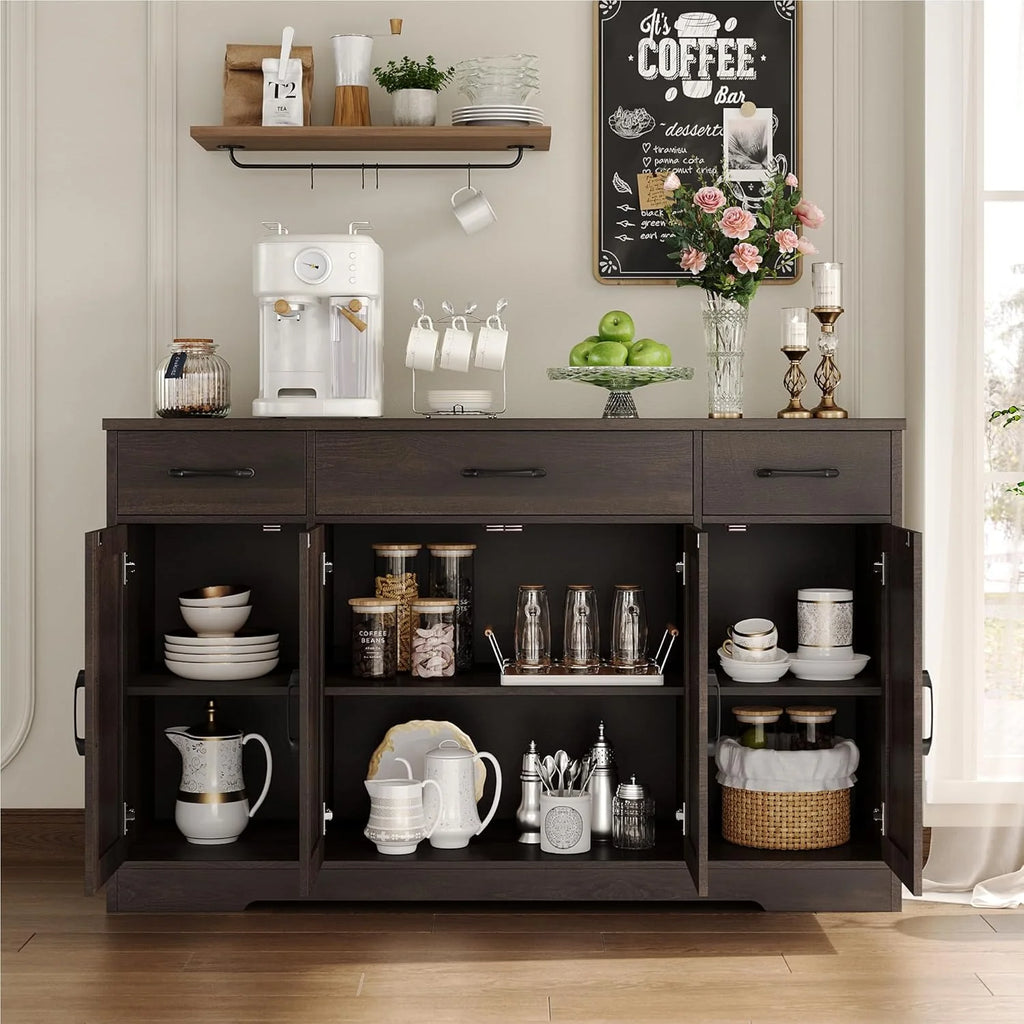HOSTACK Buffet Cabinet with Drawers, 55 Large Sideboard Buffet Storage Cabinet with Shelves and Doors, Modern Farmhouse Coffee Bar Station Wood Kitchen Table for Kitchen, Dining Room, White/Rustic