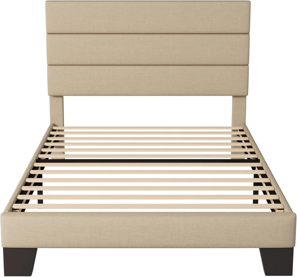 Allewie Queen Size Platform Bed Frame Fabric Upholstered Headboard Wooden Slats Support