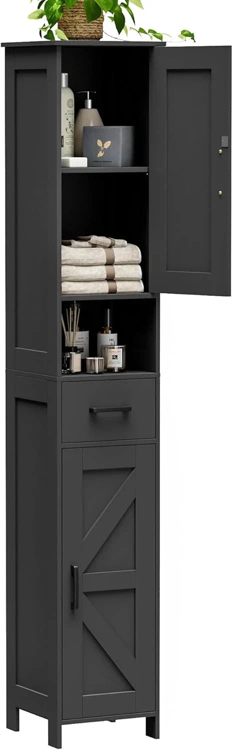 Homhedy 67 H Tall Bathroom Storage Cabinet with 2 Barn Doors and 1 Drawer Narrow Storage Unit