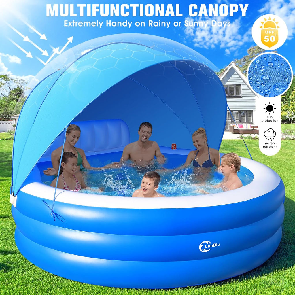2025 Upgraded Inflatable Pool with Canopy, Inflatable Family Lounge Pool, Round Blow Up Pool for Adult with Bench & Backrest, Swim Center Easy Backyard Pools for Kids & Adults, 92x92x26, Blue