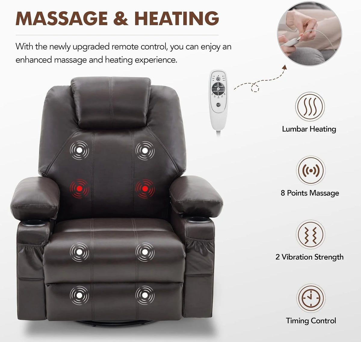 Large Swivel Rocking Recliner with Heating and Massage Function, 360 Degree Swivel Rocking Single Sofa