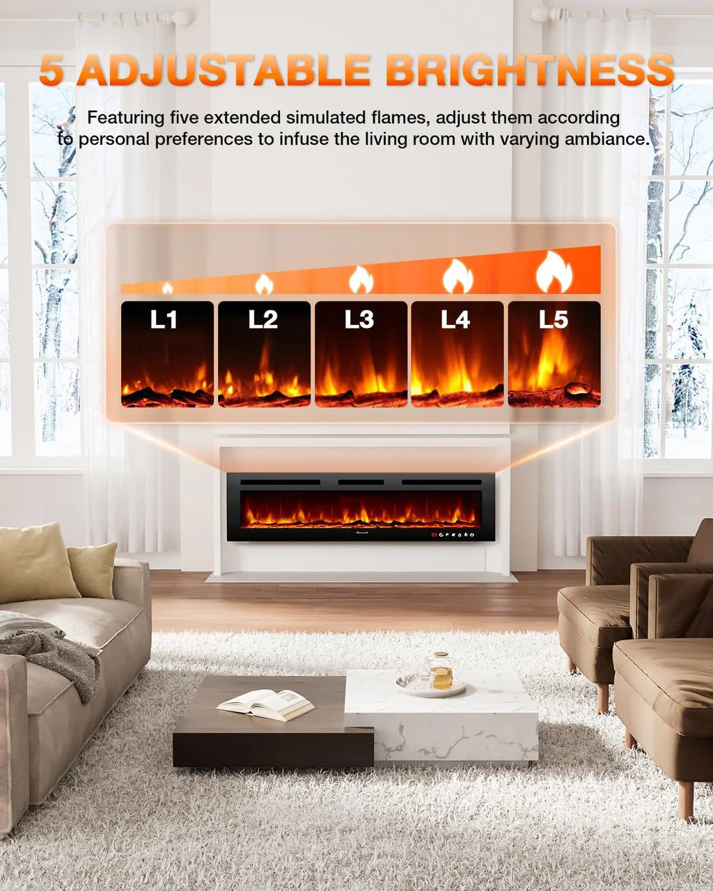 Electric Fireplace 60Inch,Wall Mounted Electric Fireplace Heater with Timer Inserts��TV Stand Touch Screen and Realistic Flame,Log Set,Crystal Flames 750 to 1500W��Remote for Living Room