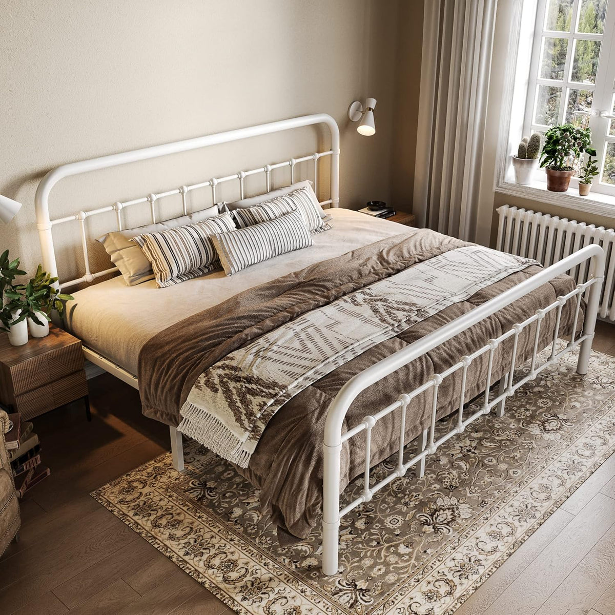 Allewie Queen Size Metal Platform Bed Frame with Victorian Style Wrought Iron-Art Headboard
