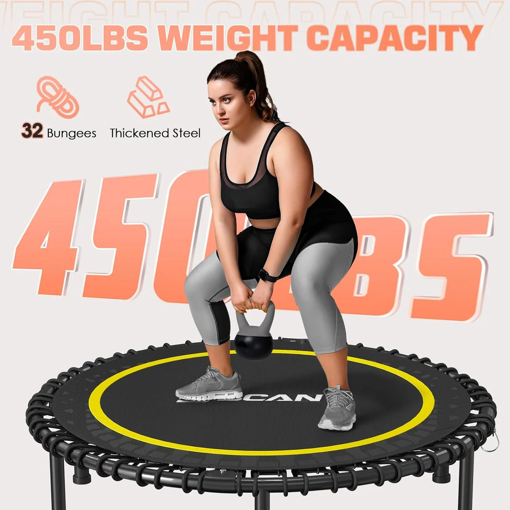 BCAN 450/550 LBS Foldable Mini Trampoline, 40/48 Fitness Trampoline with Bungees, U Shape Adjustable Foam Handle, Stable & Quiet Exercise Rebounder for Adults Indoor/Outdoor Workout