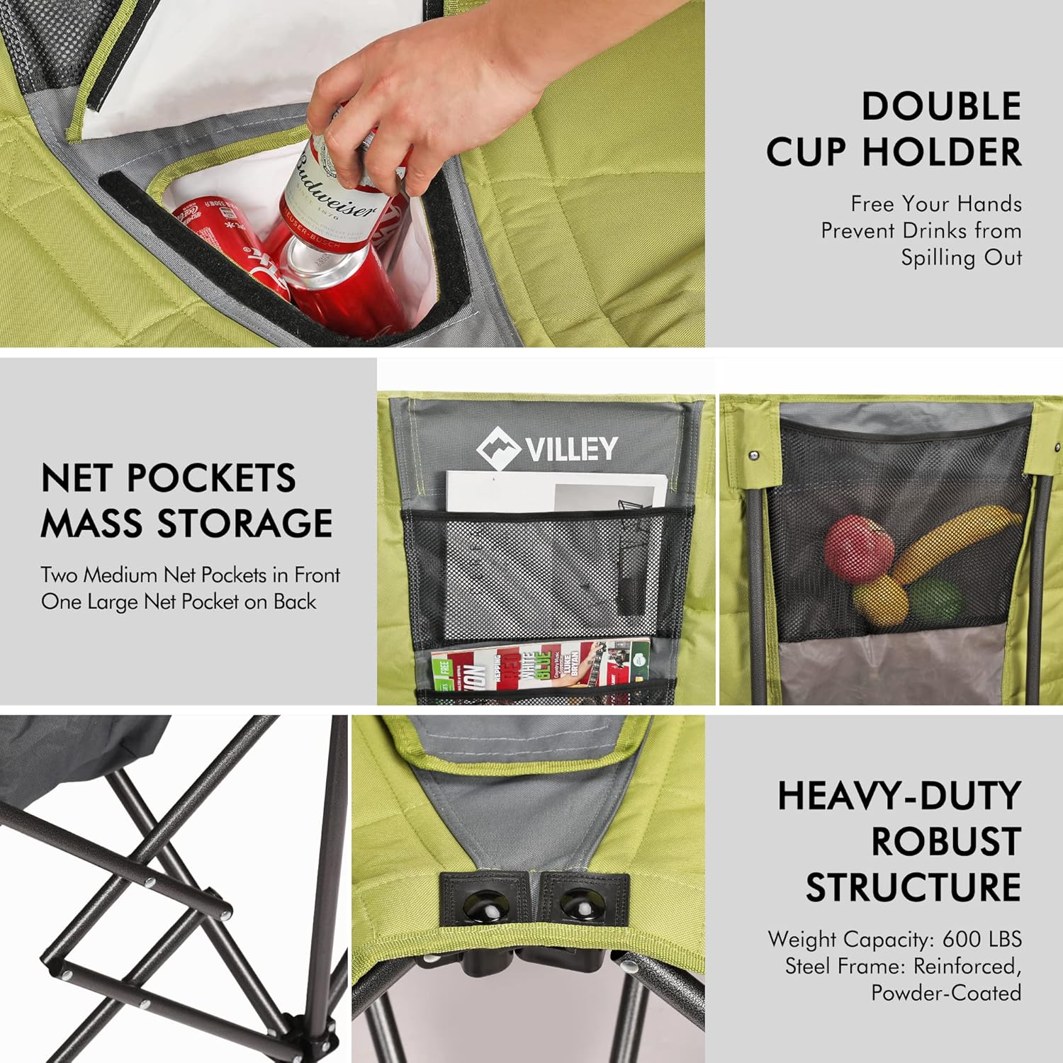 Double camping chair (with cooler bag), extra wide love seat, heavy duty padded camping sofa, portable folding chair
