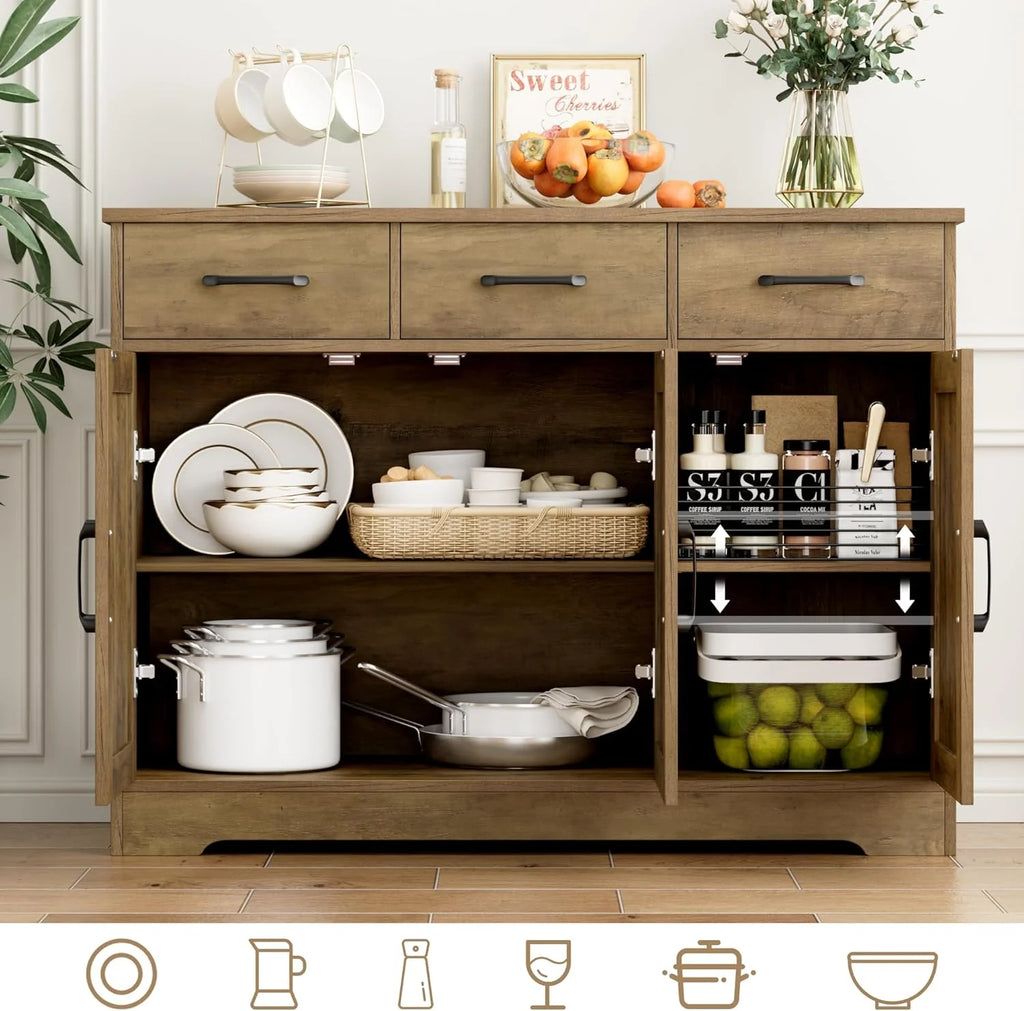 Modern farmhouse sideboard, barn door buffet storage cabinet with drawers and shelves, wooden coffee bar with storage