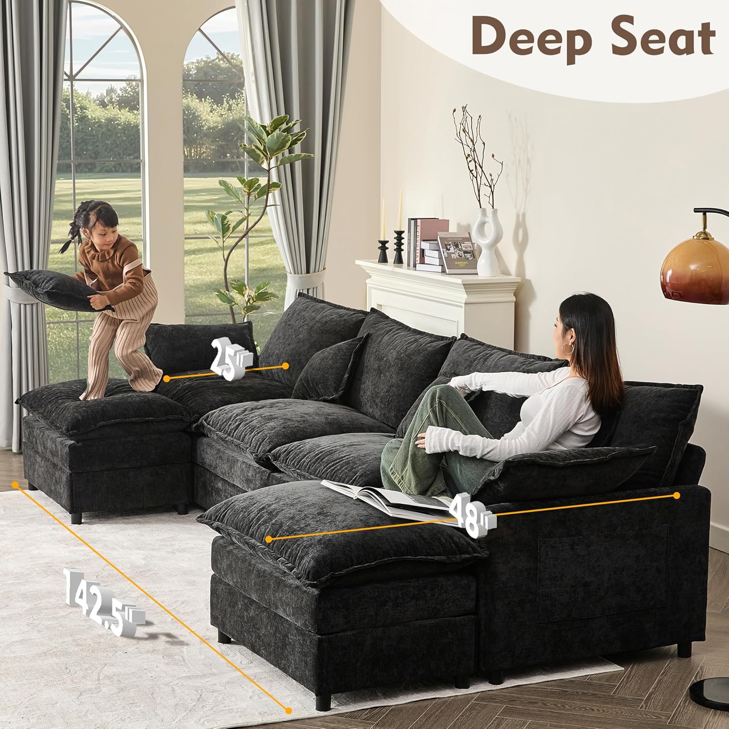 108 Inch U Shape Sofa Sectional Sofa Comfortable Cloud Sofa with Removable Footstool