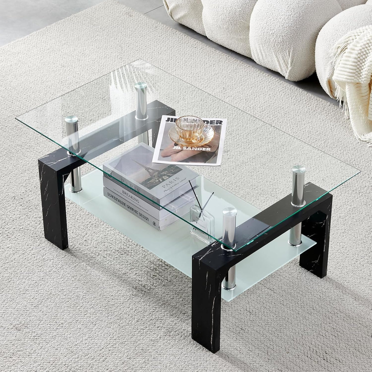 Living Room Rectangle Coffee Table, Tea Table Suitable for Waiting Room, Modern Side Coffee Table with Wooden Leg, Glass Tabletop