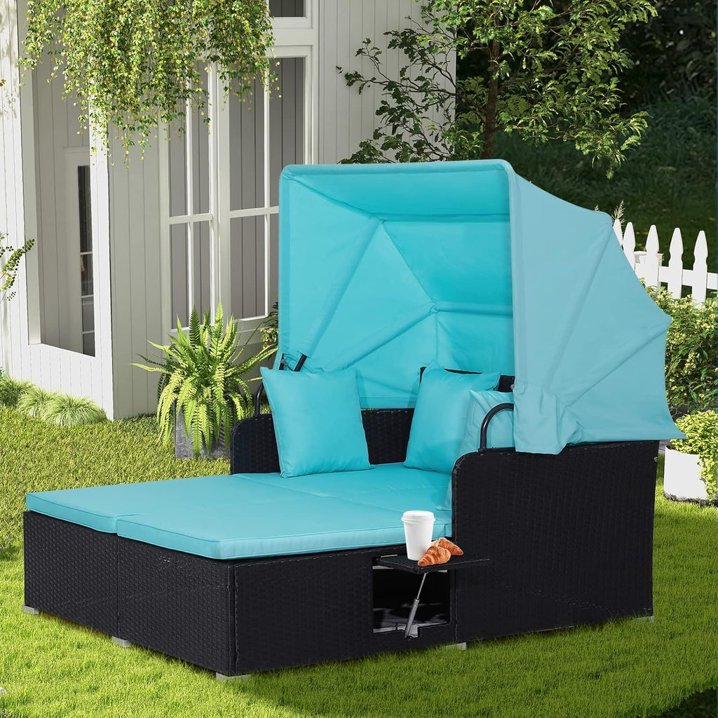 RELAX4LIFE Patio Outdoor Daybed with Canopy Wicker Sunbed Cushions 4 Pillows