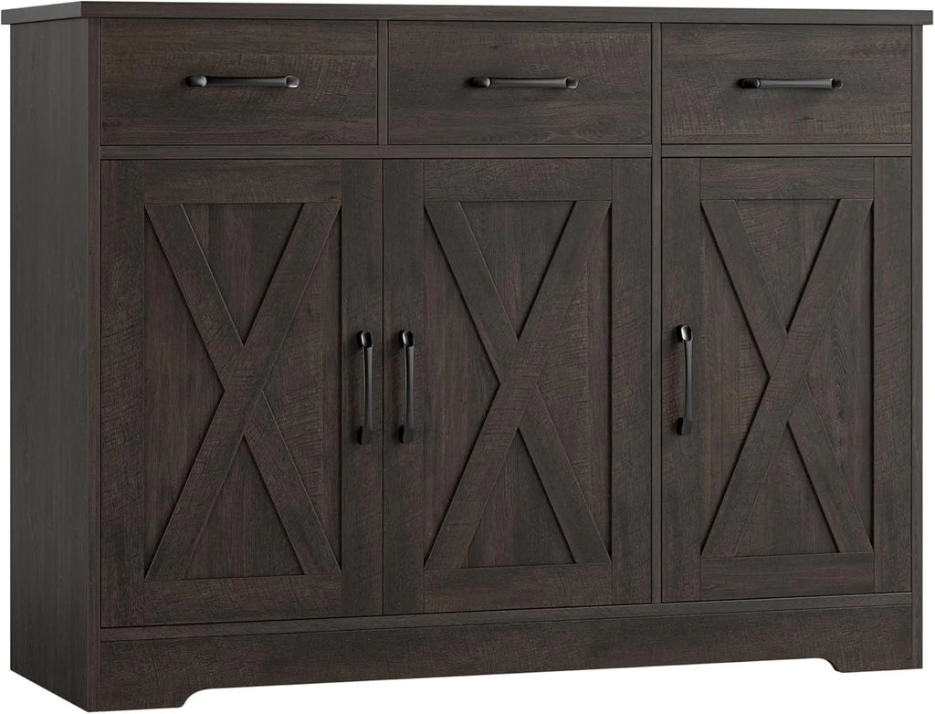 Modern farmhouse sideboard, barn door buffet storage cabinet with drawers and shelves, wooden coffee bar with storage