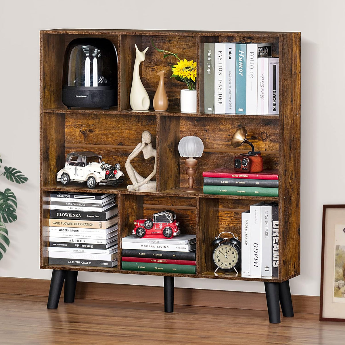 LEYAOYAO Wooden 7 Cube Book Shelf Natural Bookshelf Legs Modern Open Storage Organizer