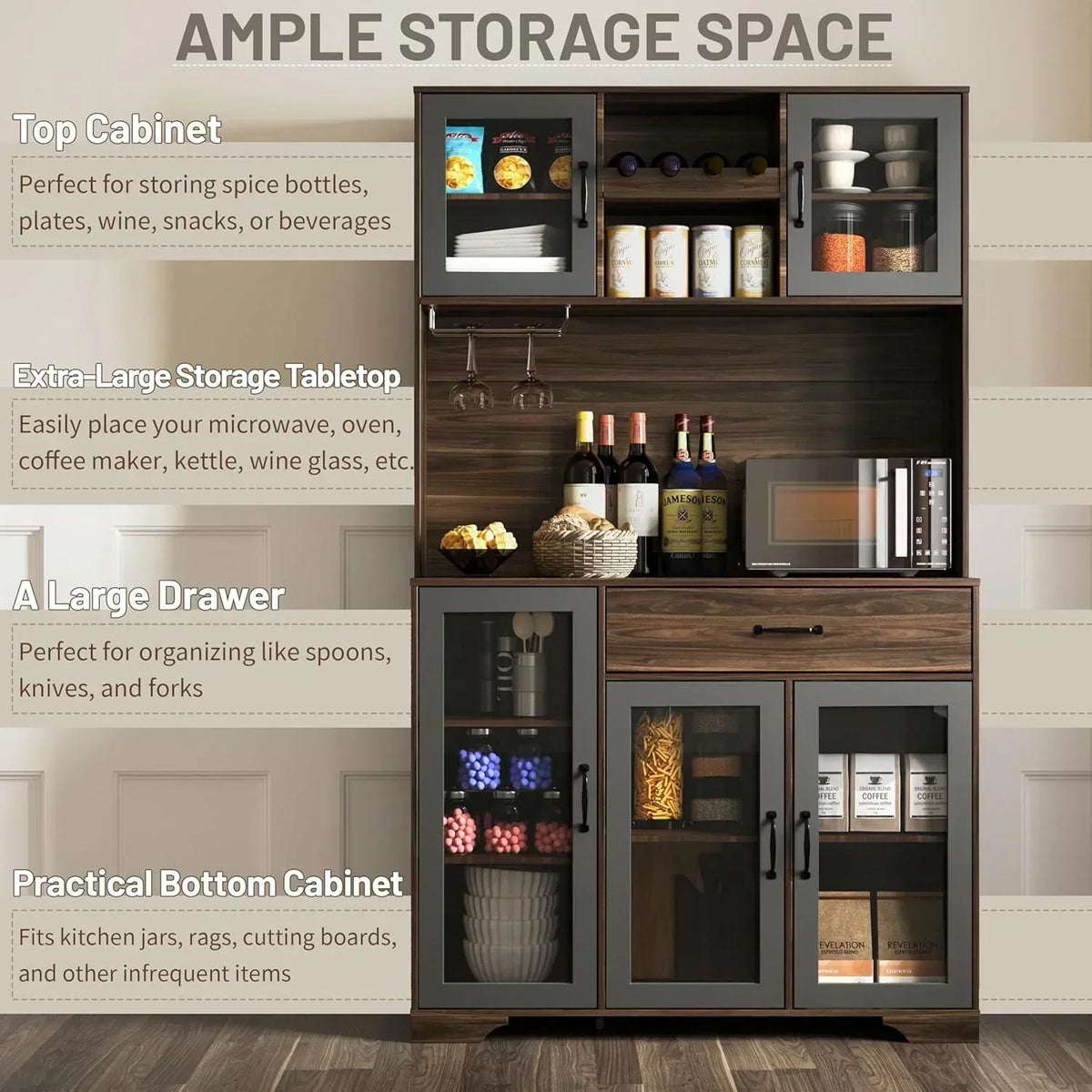 Kitchen Hutch Pantry Cabinet 71 Tall with Glass Doors