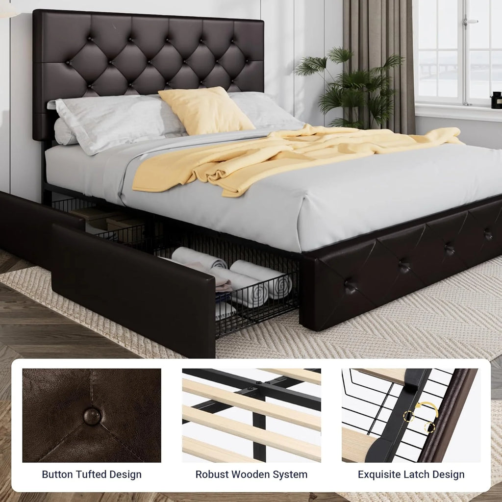 Allewie Upholstered Queen Size Platform Bed Frame with 4 Storage Drawers and Headboard