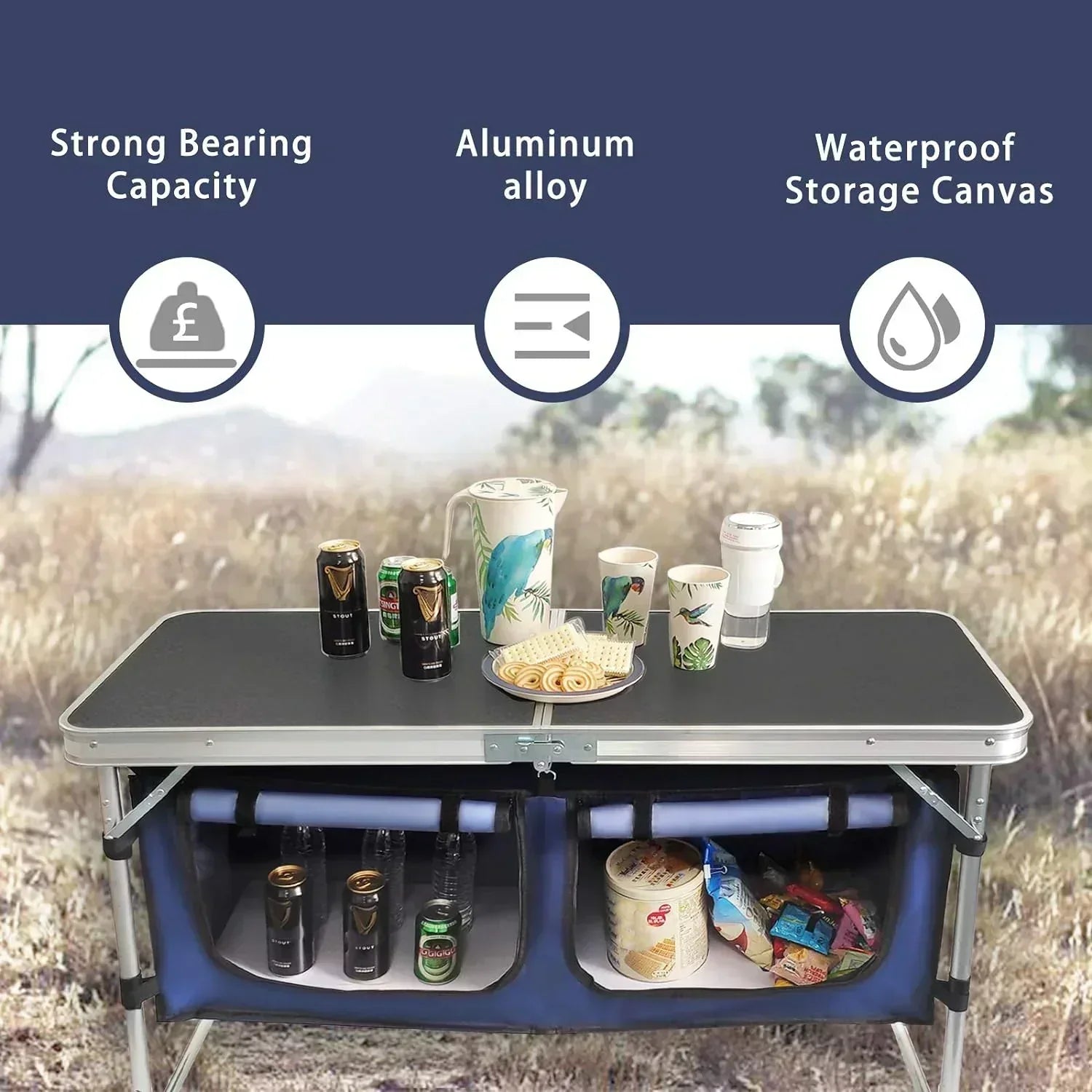Outdoor Folding Table Aluminum Lightweight Height Adjustable with Storage Organizer