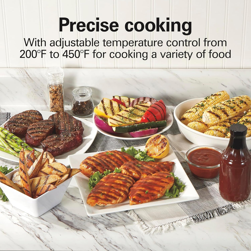 Electric Indoor Searing Grill with Viewing Window & Adjustable Temperature Control to 450F, 118 sq. in. Surface Serves 6, PFAS-Free Removable Nonstick Grate, Stainless Steel