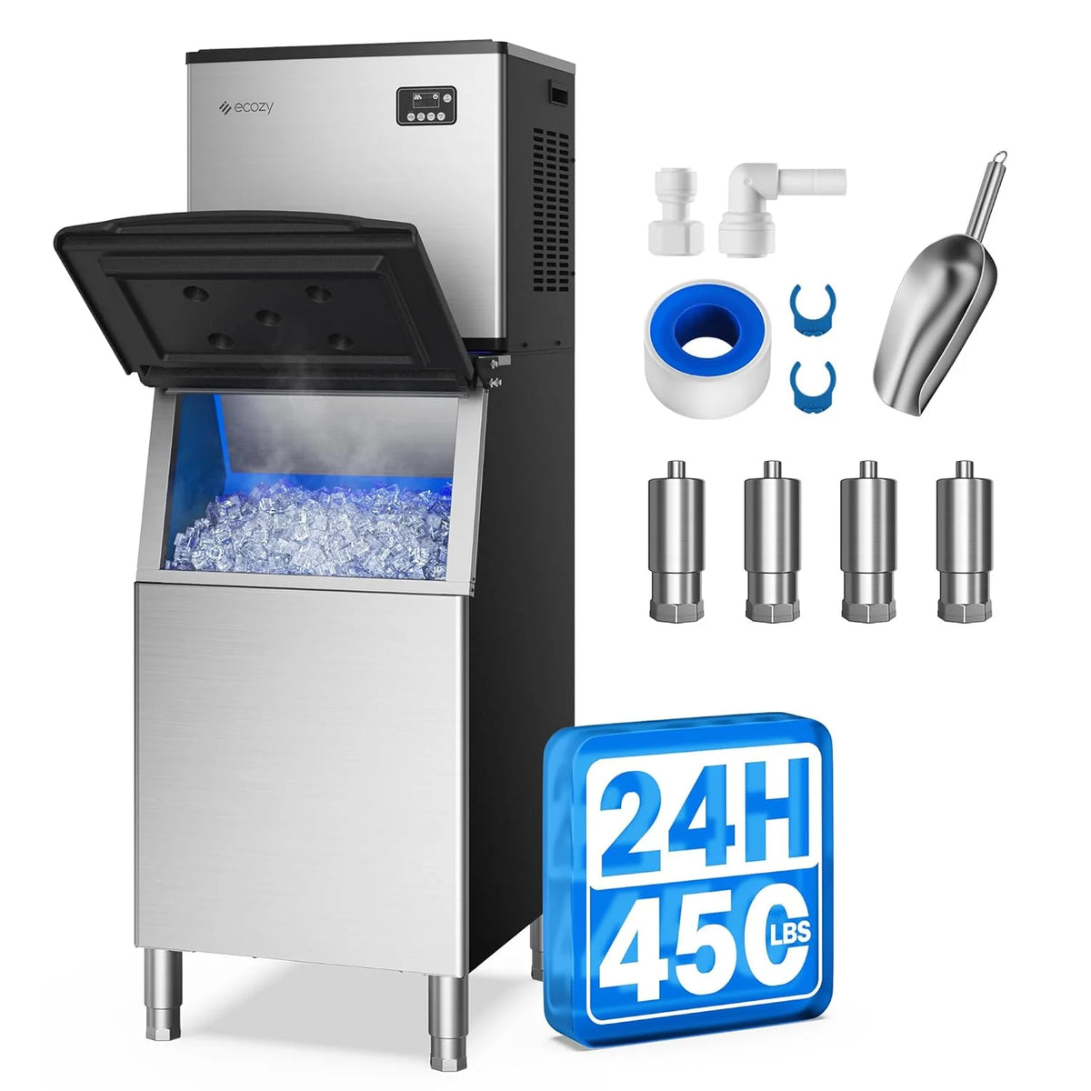 ecozy Portable Ice Maker Countertop, 9 Cubes Ready in 6 Mins, 26 lbs in 24 Hours, Self-Cleaning Machine