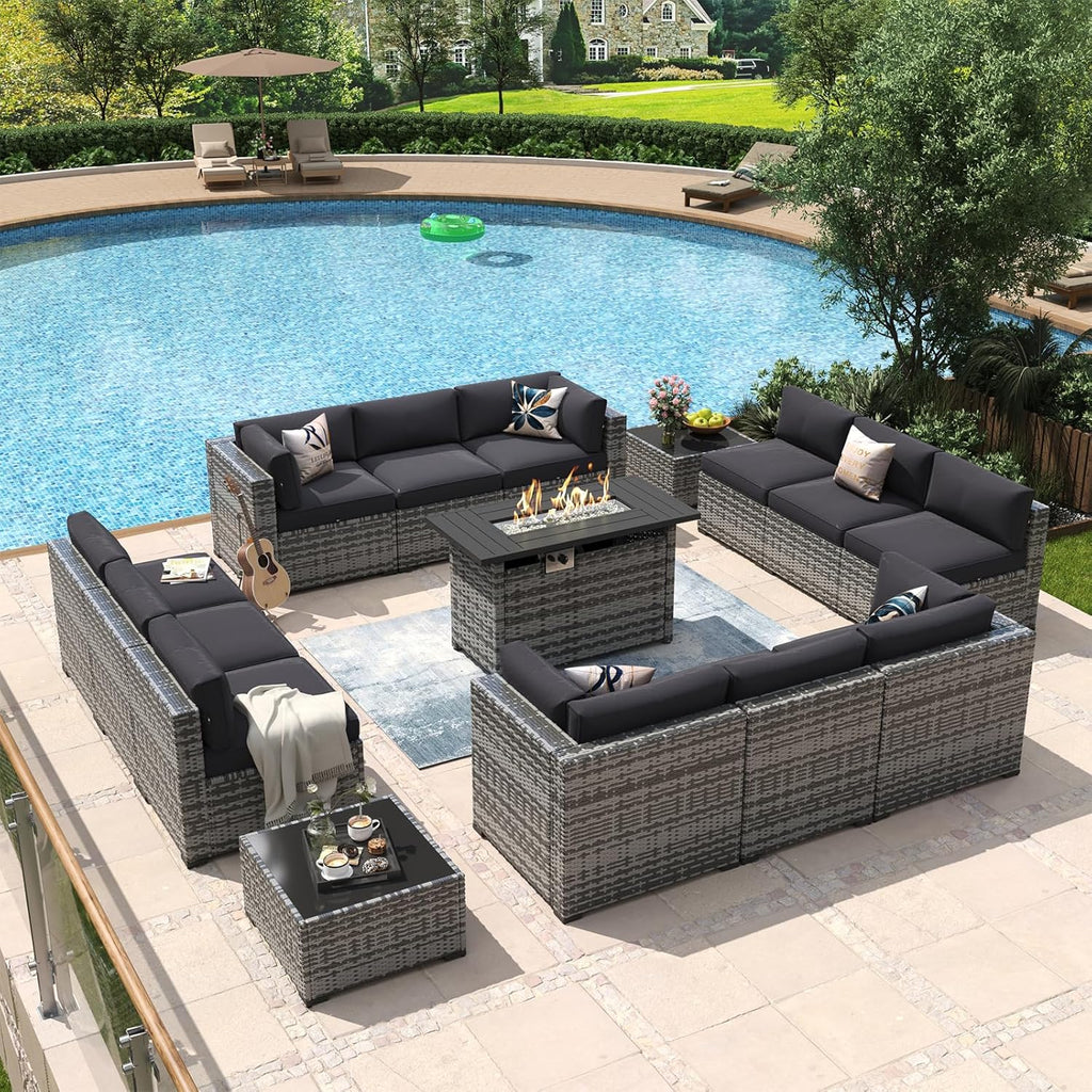 Aoxun 8 Piece Patio Furniture Set with 44?Fire Pit Table Wicker Rattan Outdoor Sectional Sofa Set with Coffee Table and Thickened Cushions, Beige (Waterproof Cover Included)
