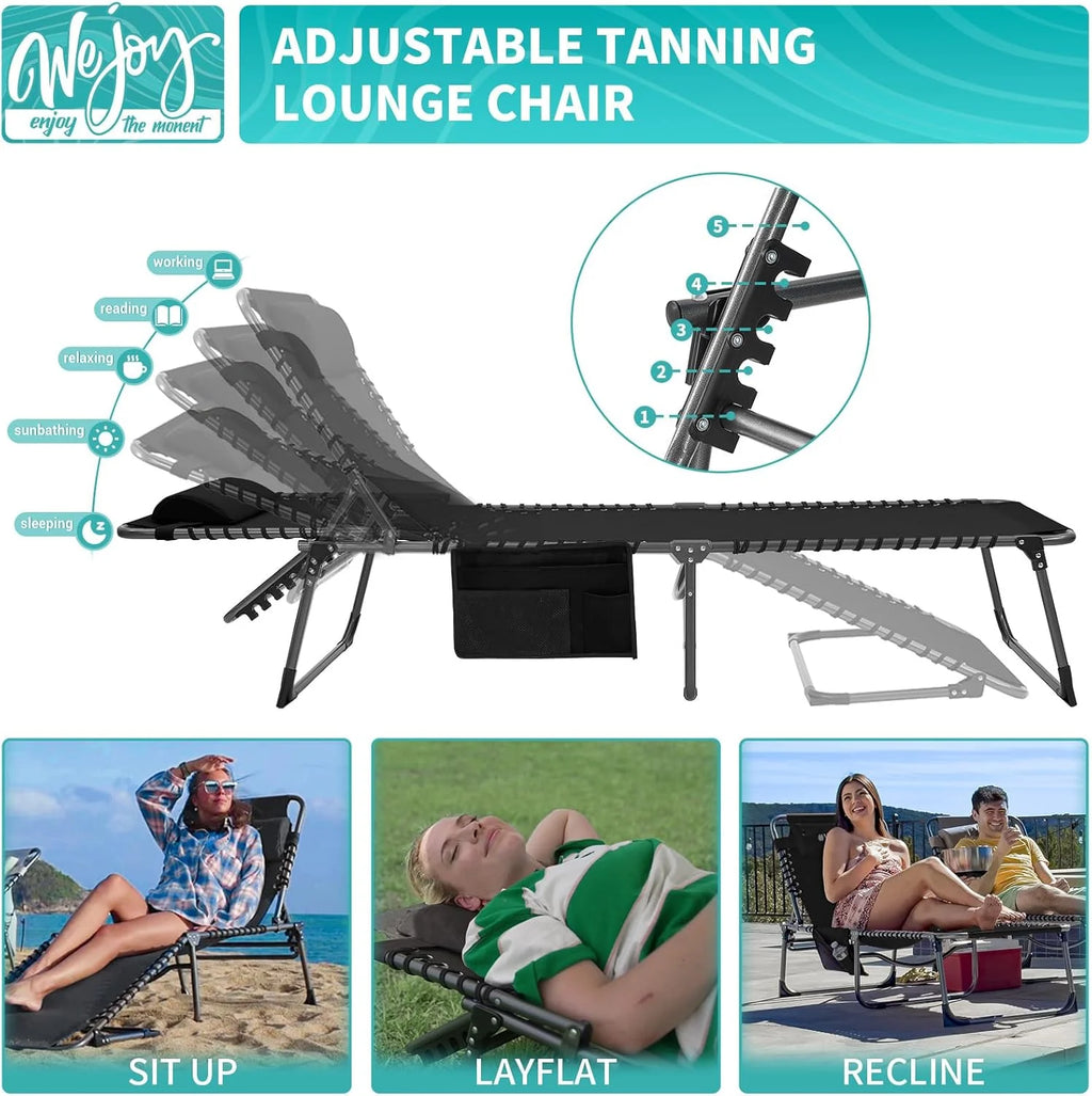 2 Pack Outdoor Chaise Lounge Chair - Portable Folding Patio Pool Lounge Chair, 5 Positions Adjustable Reclining Camping Chair with Side Table,Shoulder Strap, Pillow for Beach Sunbathing Lawn