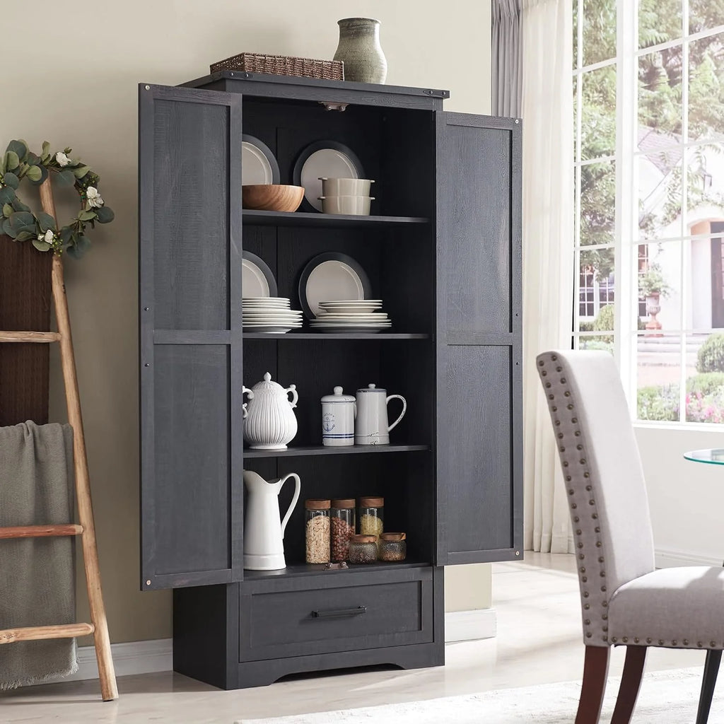 JXQTLINGMU Farmhouse Kitchen Pantry - 72 Tall Wood Kitchen Storage Cabinet with Adjustable Shelves and 2 Barn-Style Doors and Drawers