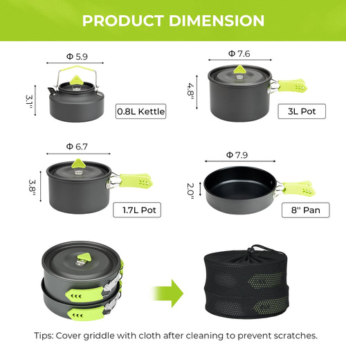 4 Piece Lightweight Aluminum Camping Cookware Set with Kettle for 2 to 4 People