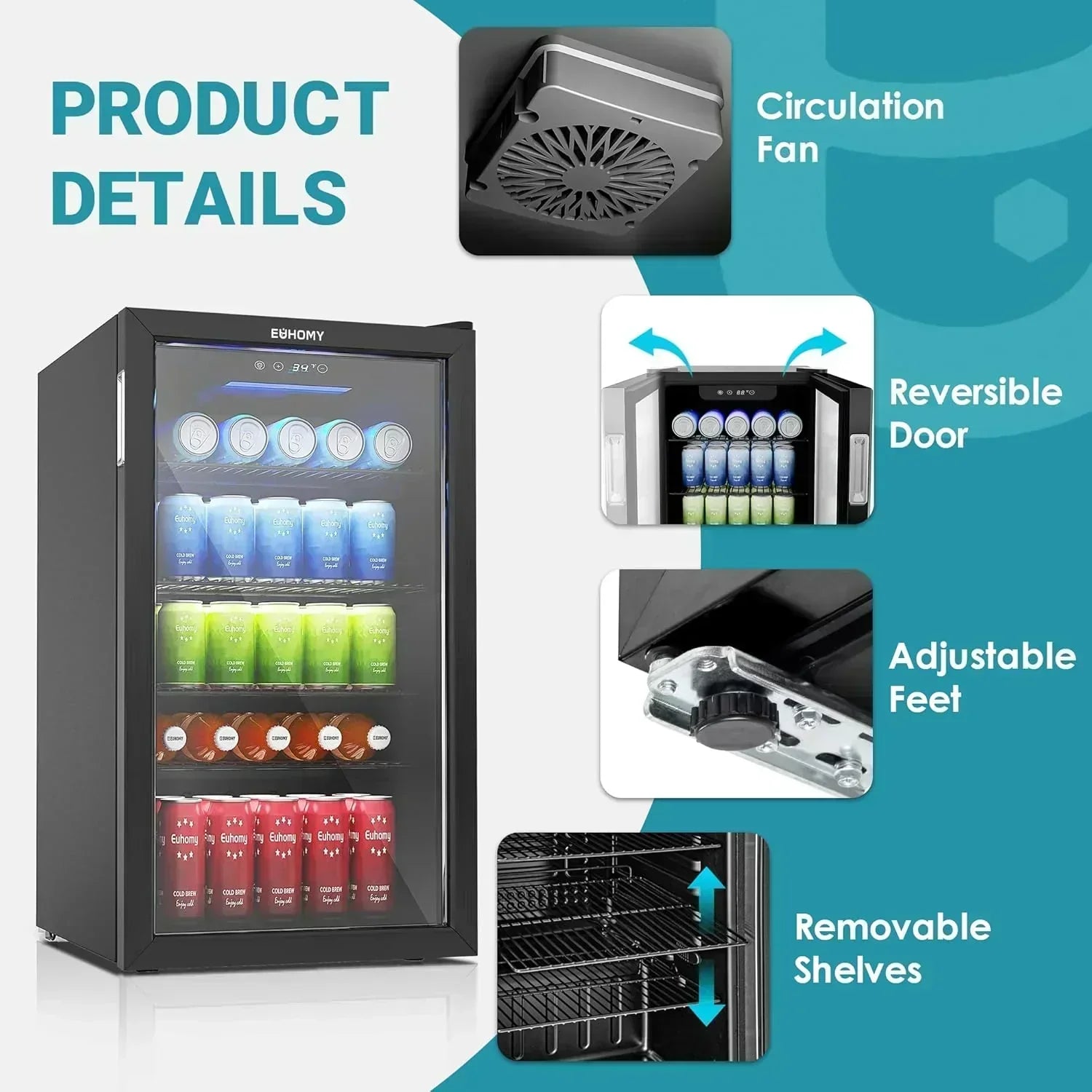EUHOMY Beverage Refrigerator Cooler 130 Can Mini Fridge with Glass Door Beverage Cooler