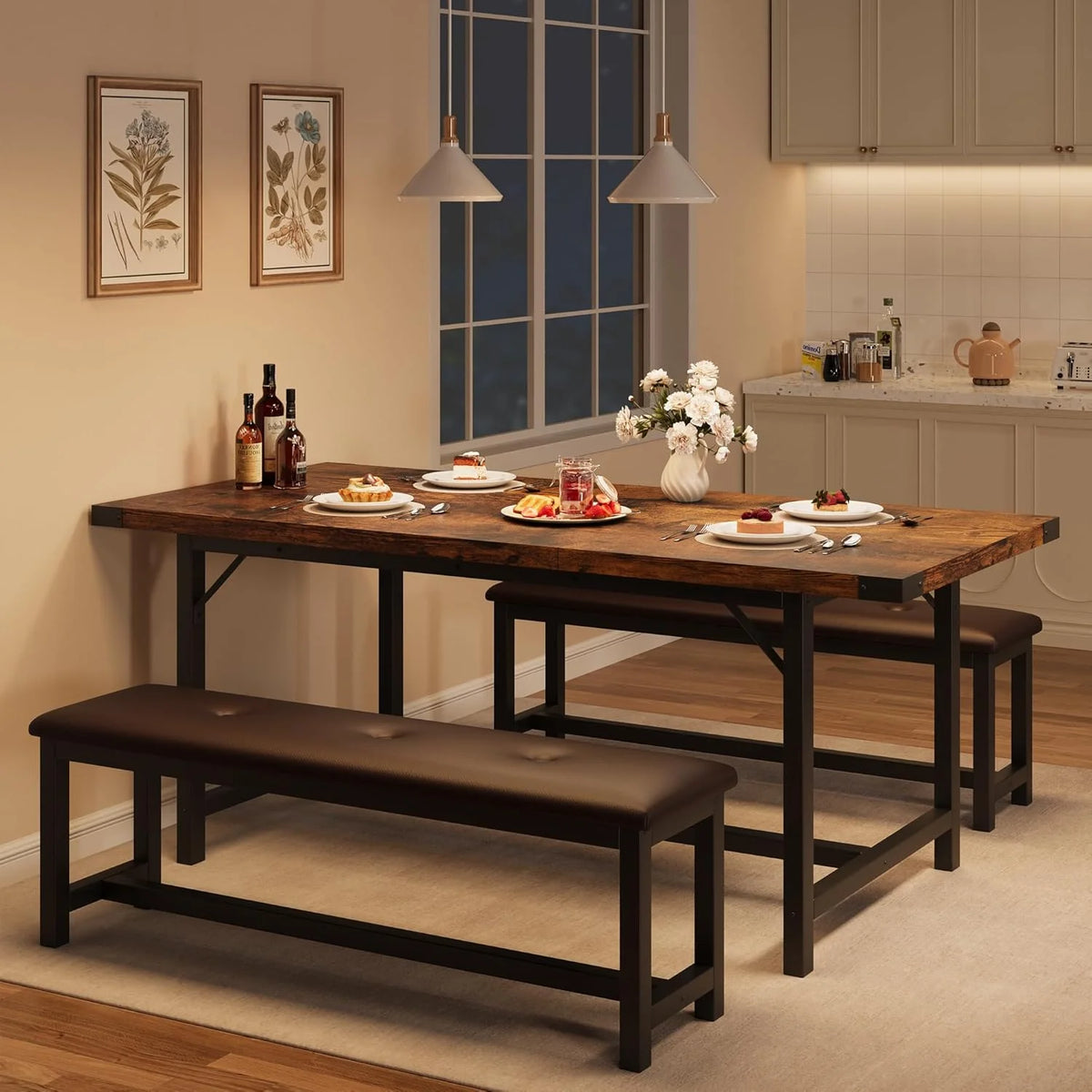 IDEALHOUSE 3 Piece Dining Table Set 63 Thick Metal Frame Kitchen Table Wooden Dinette Table Set