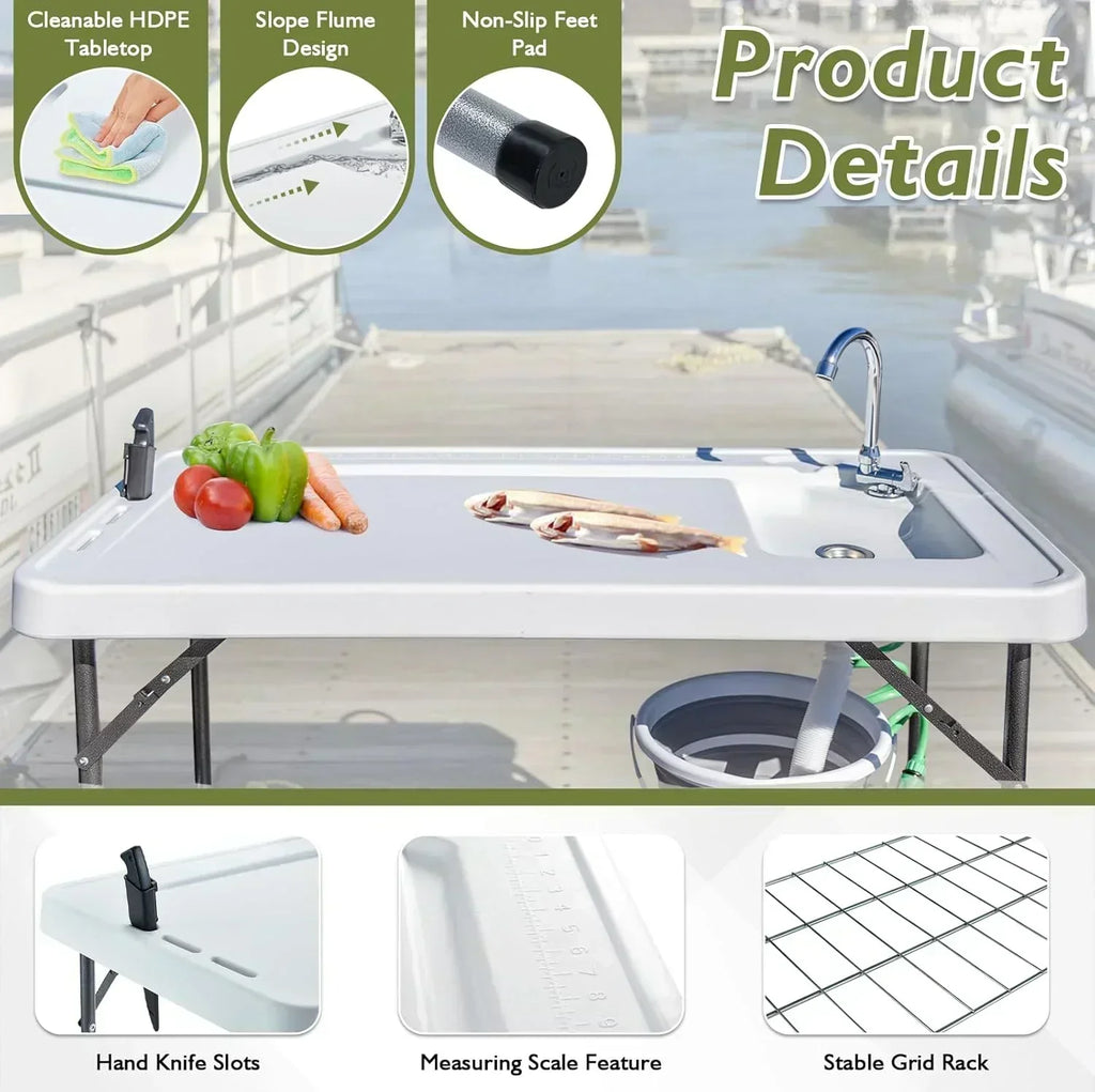 Folding Fish Cleaning Table Portable Camping Sink Table Outdoor Fish Fillet Cleaning Station