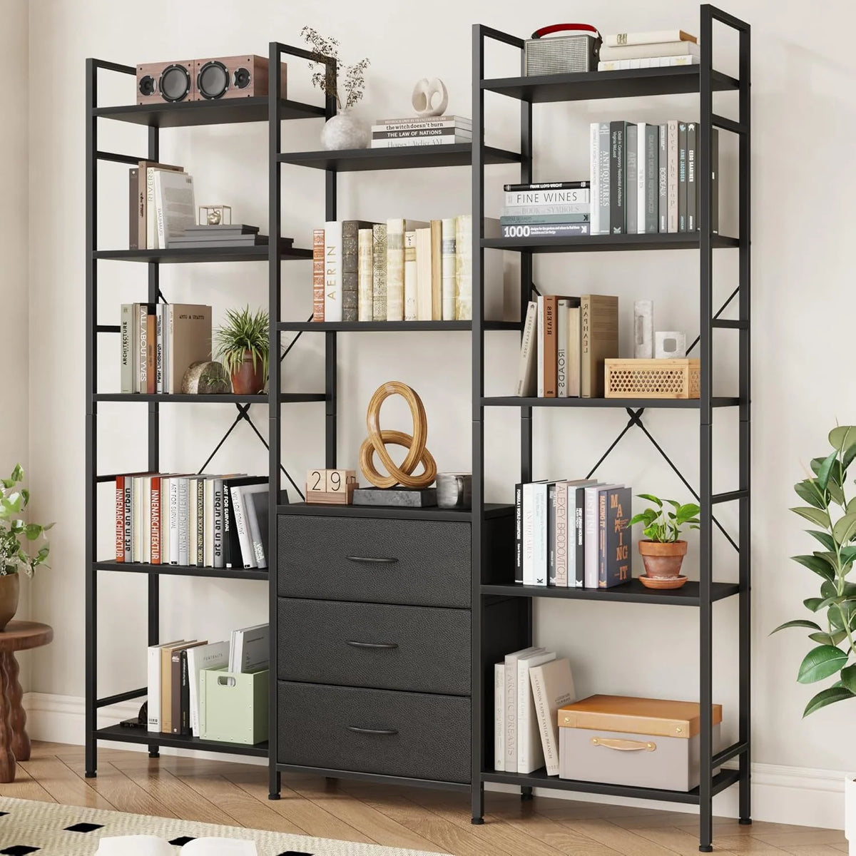 AFLUI Triple Bookshelf 3 Fabric Drawers 4-Tier Book Shelf 10 Display Shelves Industrial Bookcase