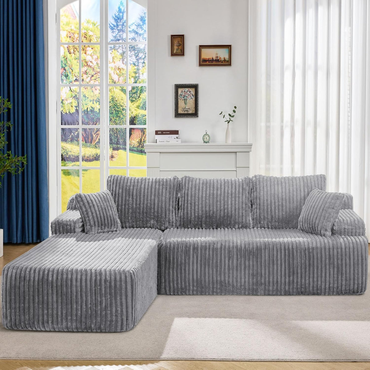 Modular Sectional Sofa Couches L-Shape Couch 3 Seat Modular Sofa Memory Foam Sectional Couches for Living Room, Cloud Couch with Oversized Chaise (Grey Stripe, 96 Left Facing Chaise)