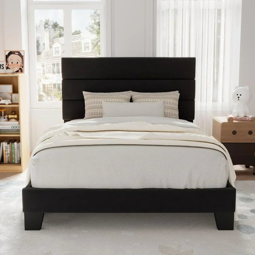 Allewie King size platform bed frame with velvet upholstered headboard and planks