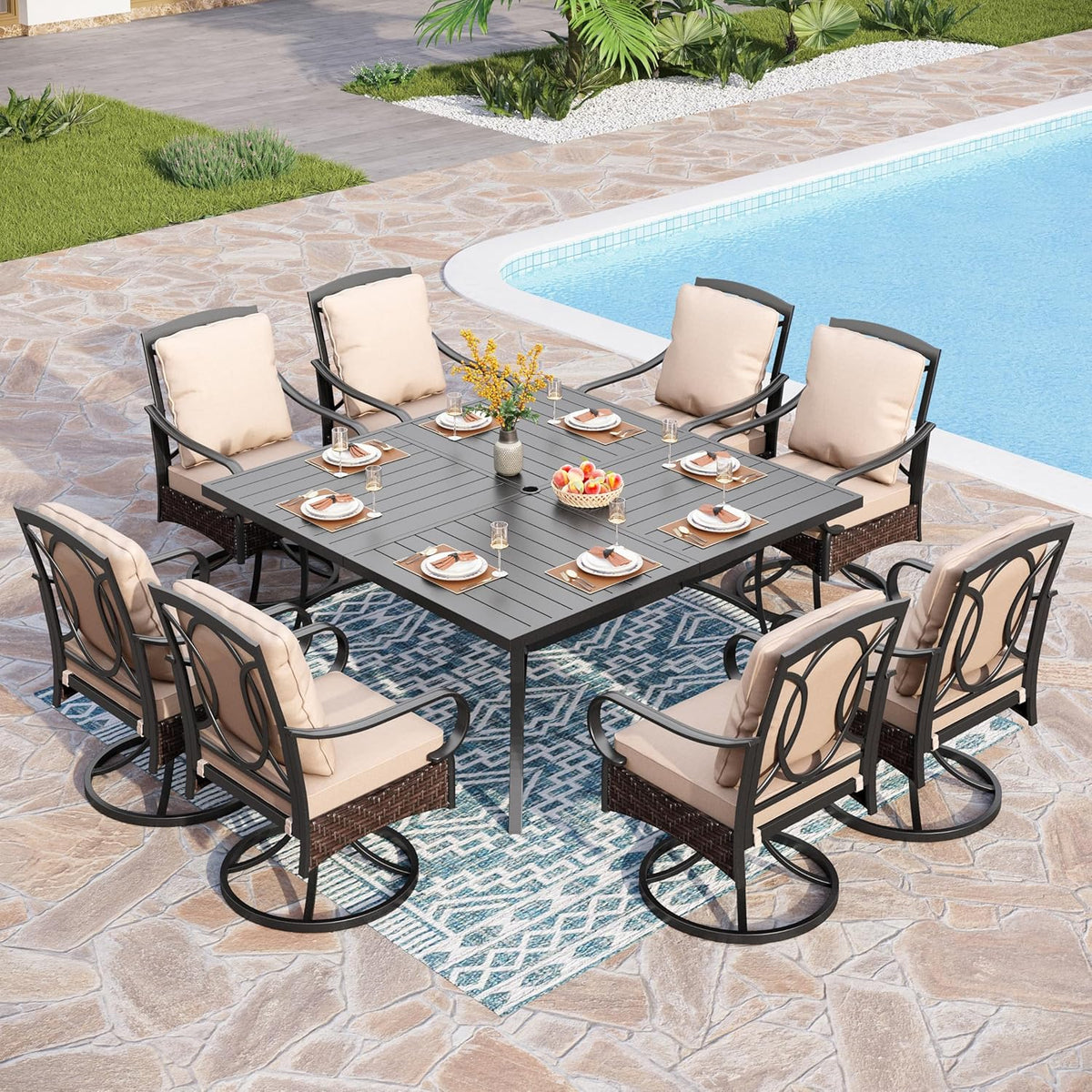 PHI VILLA 6-Piece Outdoor Dining Sets, All-Weather Patio Table and Chairs Set with Umbrella for 4, Heavy Duty Patio Round Table Set for Deck, 4 Extra Large Outdoor Swivel Chairs with Thick Cushions