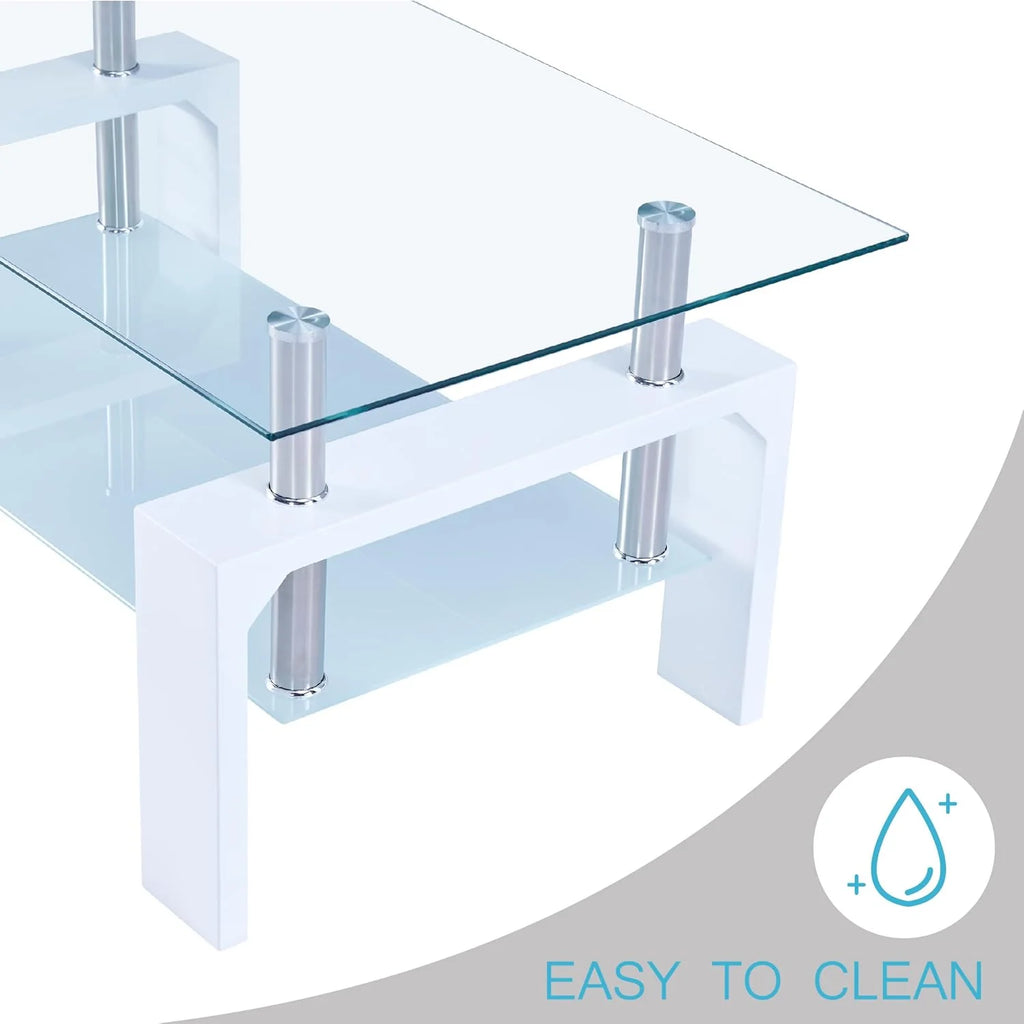 Living Room Rectangle Coffee Table, Tea Table Suitable for Waiting Room, Modern Side Coffee Table with Wooden Leg, Glass Tabletop